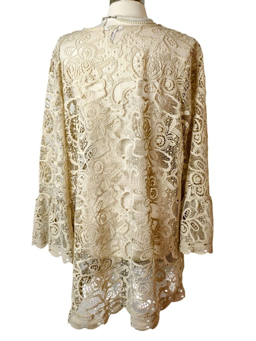 Cato Womens 18/20W Crochet Lace Cardigan Beige Chic Floral Open Front 3/4 Sleeve - Picture 3 of 6